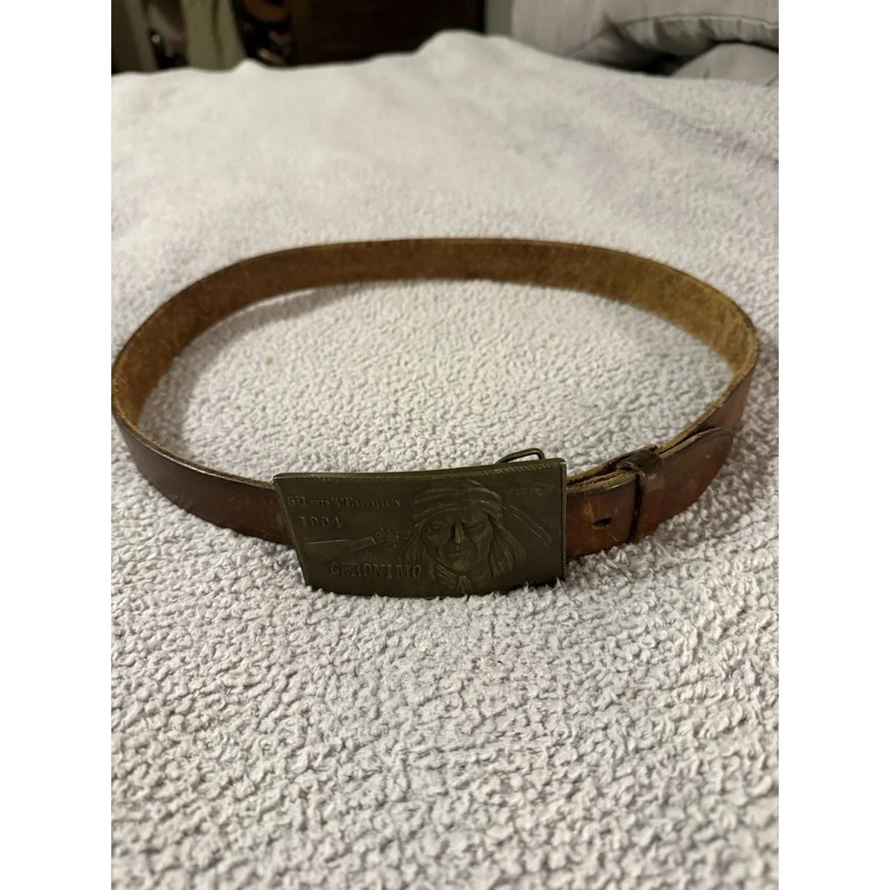 Vintage Geronimo 1904 World's Fair St Louis MO Exposition Buckle 34 Leather Belt